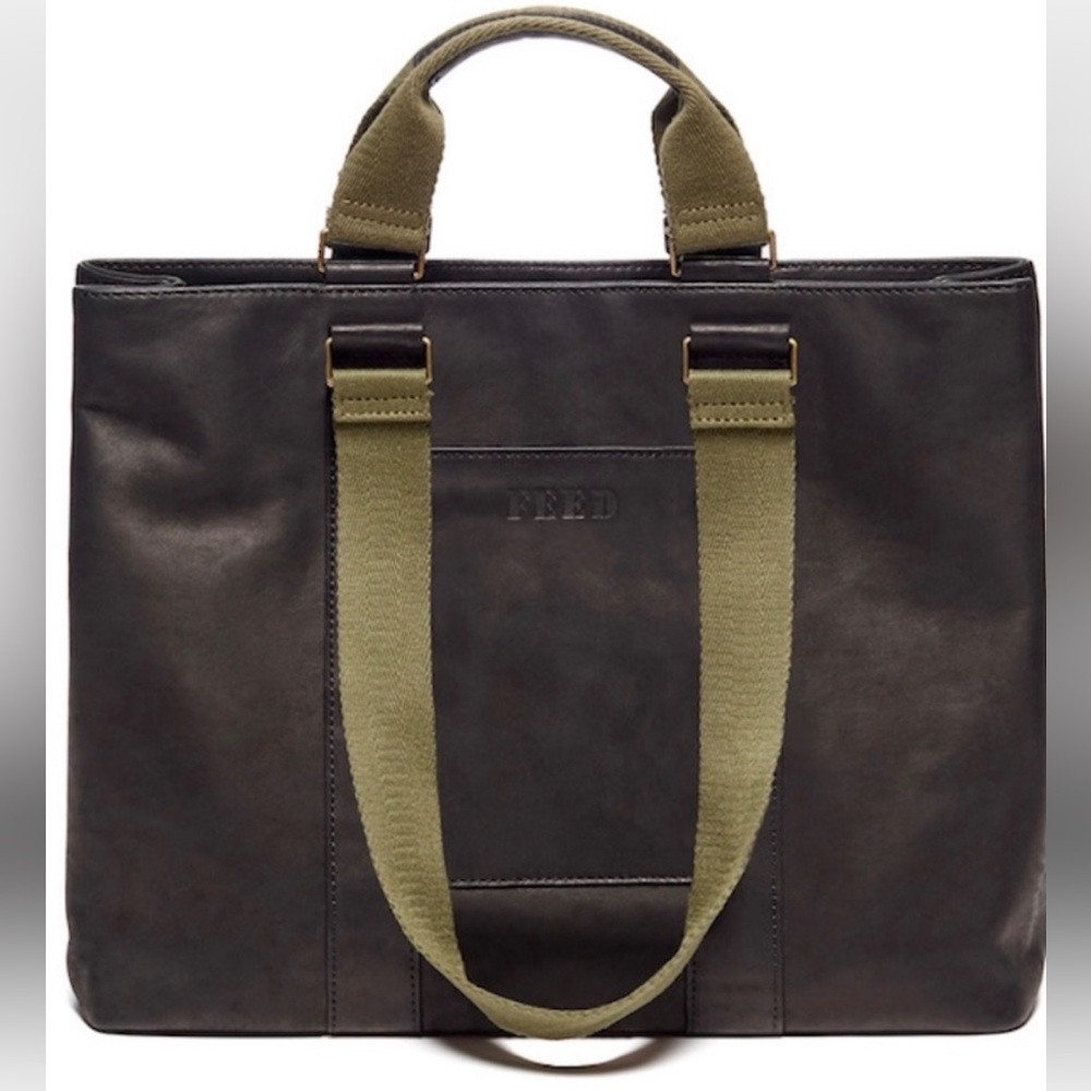 FEED Black Leather Tote with Tan Webbed Strap
